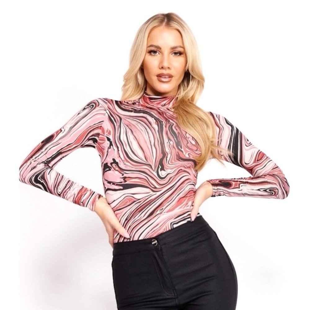 Marble Print Long Sleeve High Neck Bodycon Bodysuit Leotard Top
